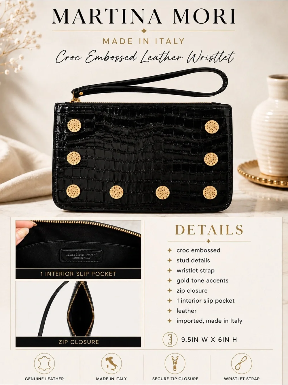 Martina Mori Made in Italy Black Croc Embossed Leather Studded Wristlet Clutch